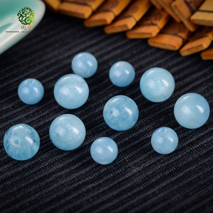 忠实天然海蓝宝珠子圆珠冰透润蓝手手链佛珠diy其他diy饰品配件