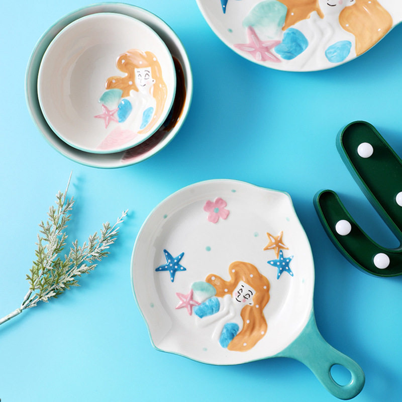 爱美惠手绘风格格美人鱼小姐图案卡通釉下彩陶陶瓷碗