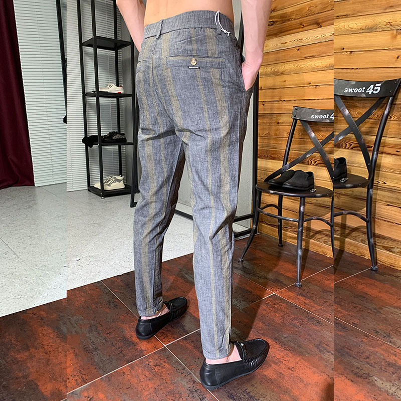 2022新款春夏季九分裤修身条纹小脚商务长裤男韩版潮流百搭休闲裤