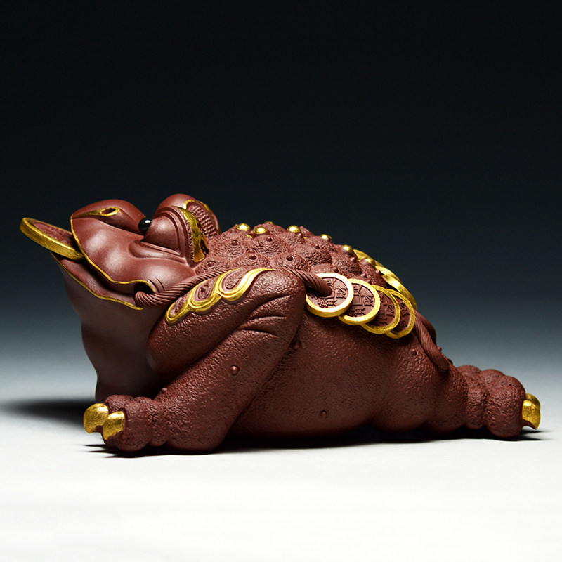 原矿纯紫泥茶具三足蟾蜍茶宠宜兴紫砂雕塑摆件手工描金霸王金蟾王