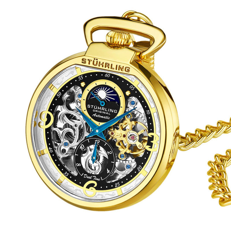 stuhrling日月男女手表自动金色星象复古施图灵精致怀表