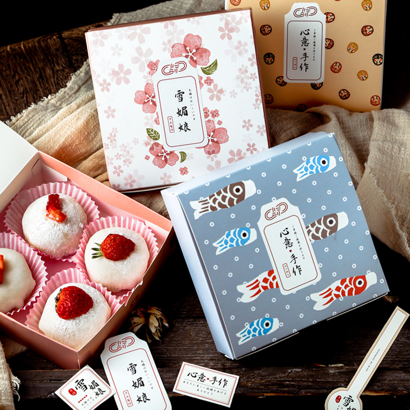 原创 樱花雪媚娘包装盒4格蛋黄酥饼干袋雪花酥雪梅娘盒子月饼袋子