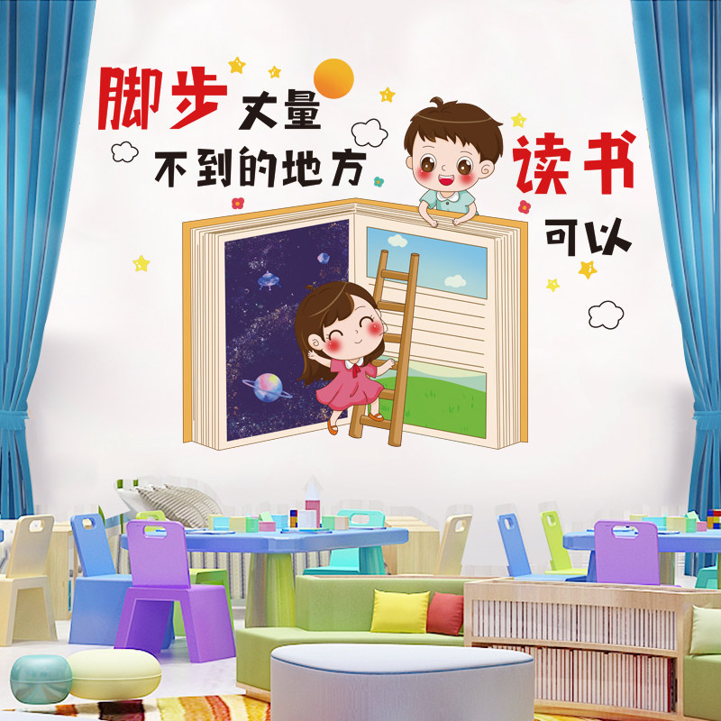读书阅读区背景墙贴纸幼儿园墙面布置小学教室班级墙贴