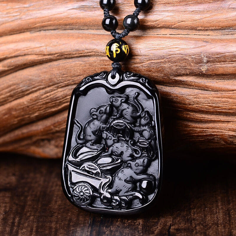 五鼠运财吊坠开光天然曜石招财生肖挂件转运项坠