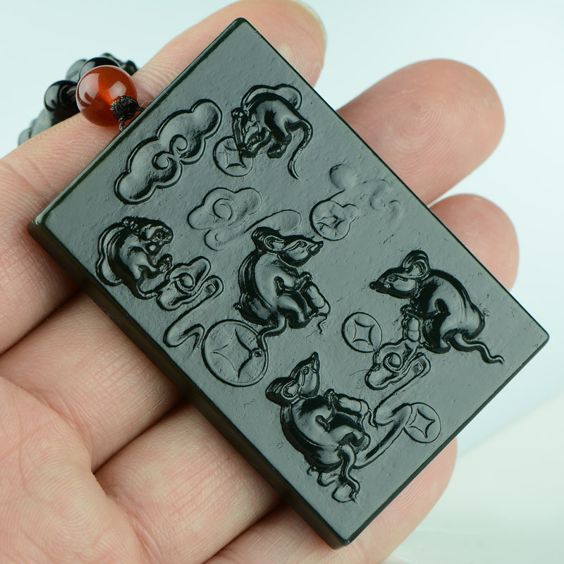 五鼠运财玉牌吊坠天然和田青玉生肖招财男女项坠