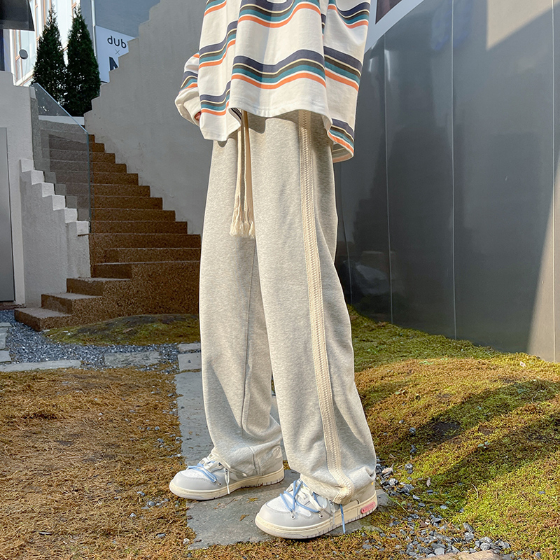 灰色卫裤男直筒宽松夏季薄款垂感条纹休闲裤男士潮牌运动裤子长裤