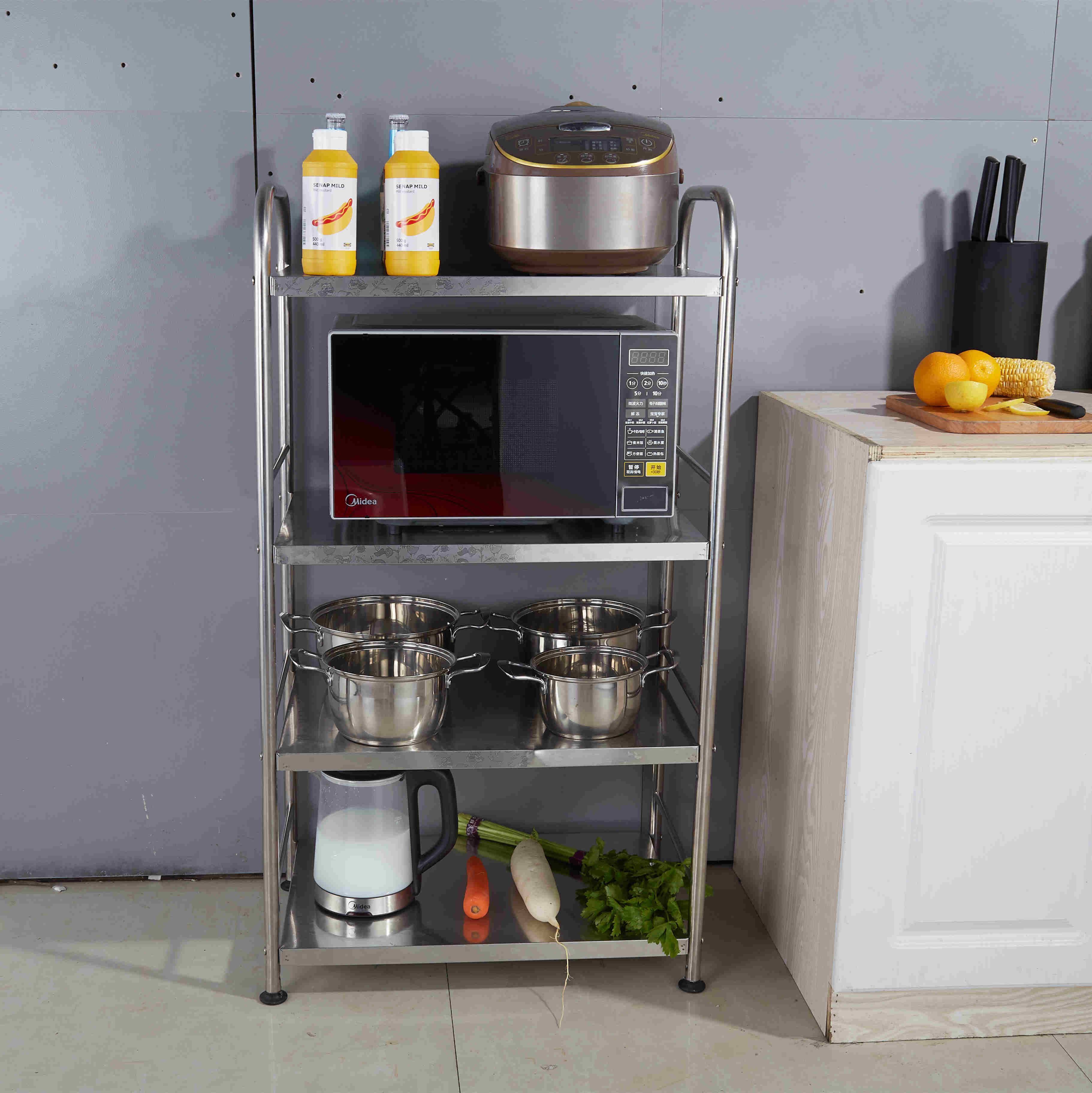 创步不锈钢厨房置物架落地台式微波炉架子收纳架储物架碗筷架