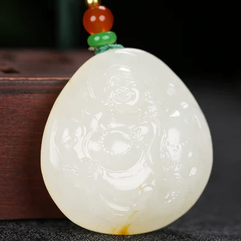 新疆和田玉籽白玉笑佛挂件弥勒吊坠笑口常开佛公颈饰