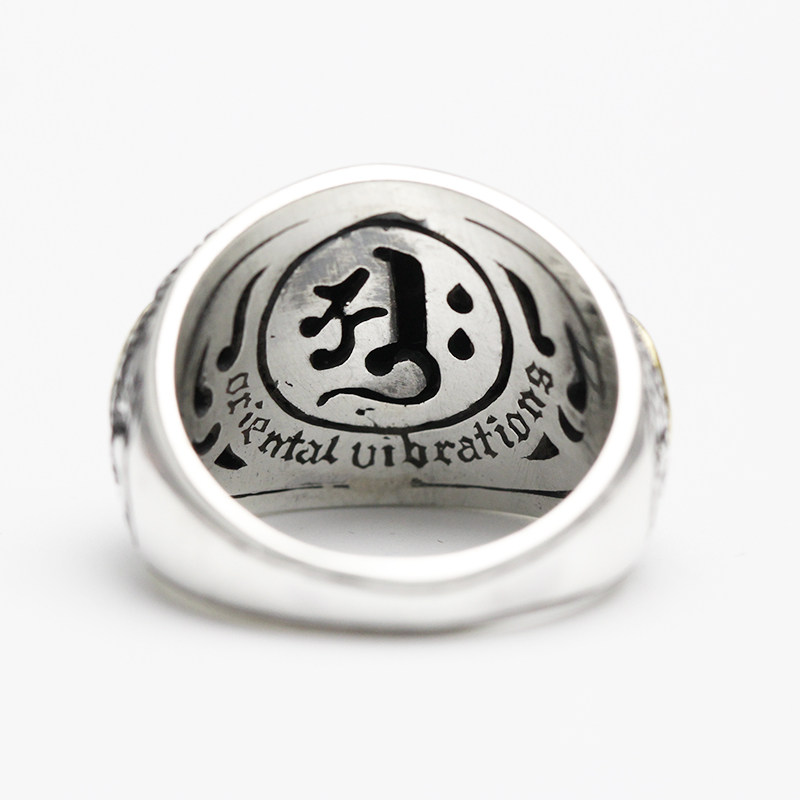 【拍下半价】个性双龙八挂宝石戒指十三佛梵文指环复古泰银男戒