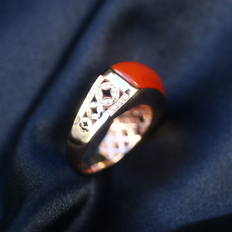 melinda南红指环戒指马鞍镶嵌18k玛瑙天然通顺戒指