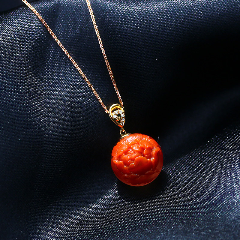 melinda吊坠圆珠牡丹花镶嵌金镶嵌18k玛瑙南红天然项坠