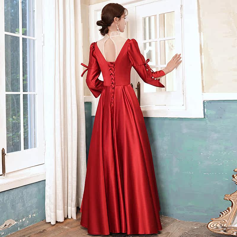 缎面敬酒服新娘2021新款平时可穿长袖显瘦气质女订婚宴会晚礼服春