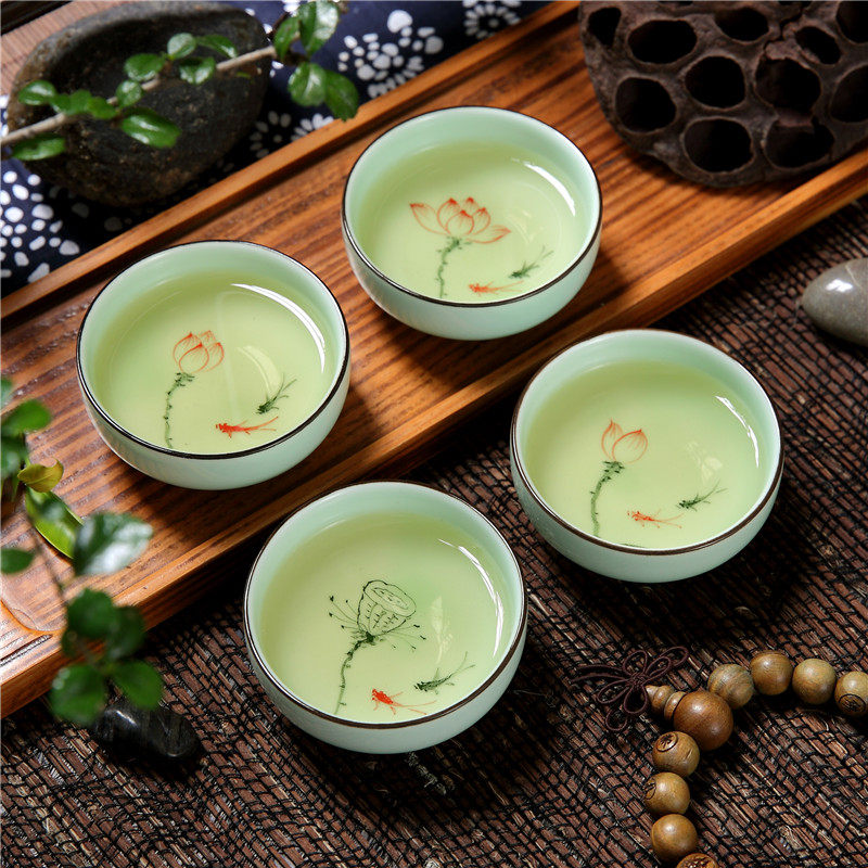 龙泉陶瓷青瓷茶具手绘荷花莲花功夫茶茶杯套装茶杯