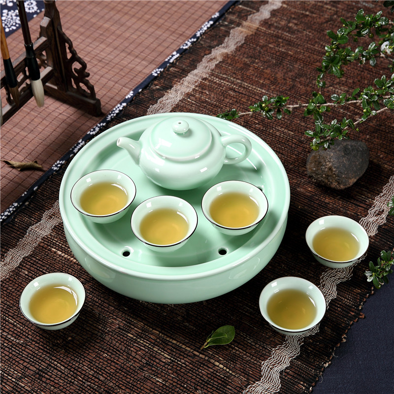 青瓷潮汕功夫茶具套装整套手绘陶瓷荷花工夫排水式茶盘差距 家用