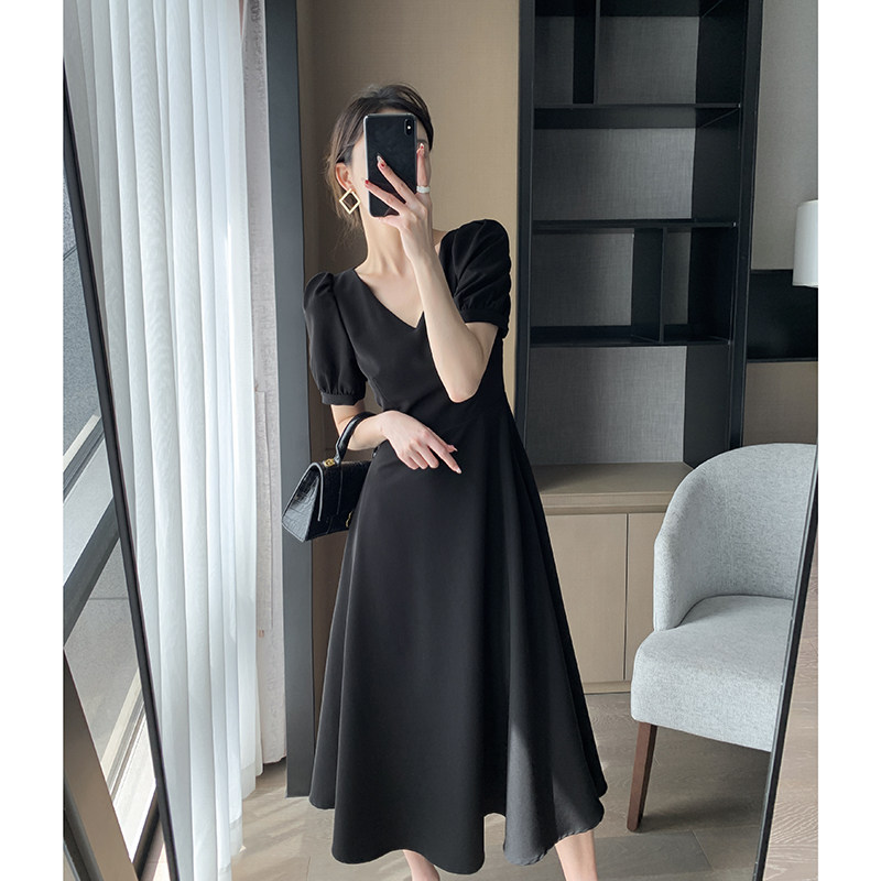 果哥定制黑色连衣裙女夏2021新款泡泡领收气质连衣裙