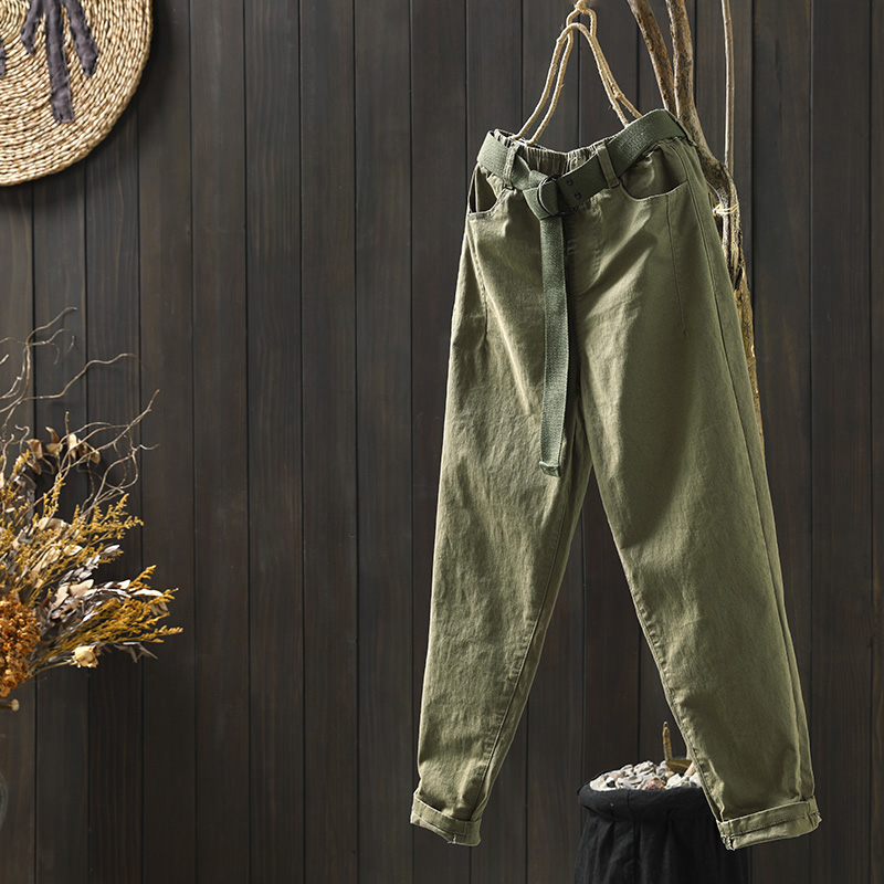 棉质高腰休闲裤女春秋新款2022新宽松显瘦松紧腰带小脚哈伦裤长裤