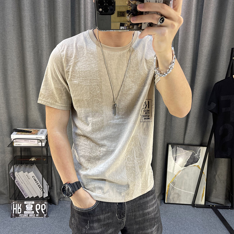 t恤男天丝棉麻字母印花男士短袖麻料上衣韩版亚麻宽松半袖体恤衫