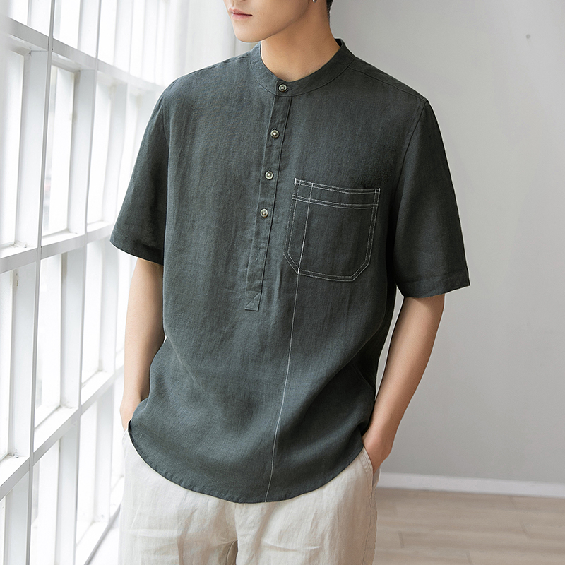 立领亚麻t恤男士短袖夏季薄款中国风棉麻中袖衬衫潮流宽松五分袖