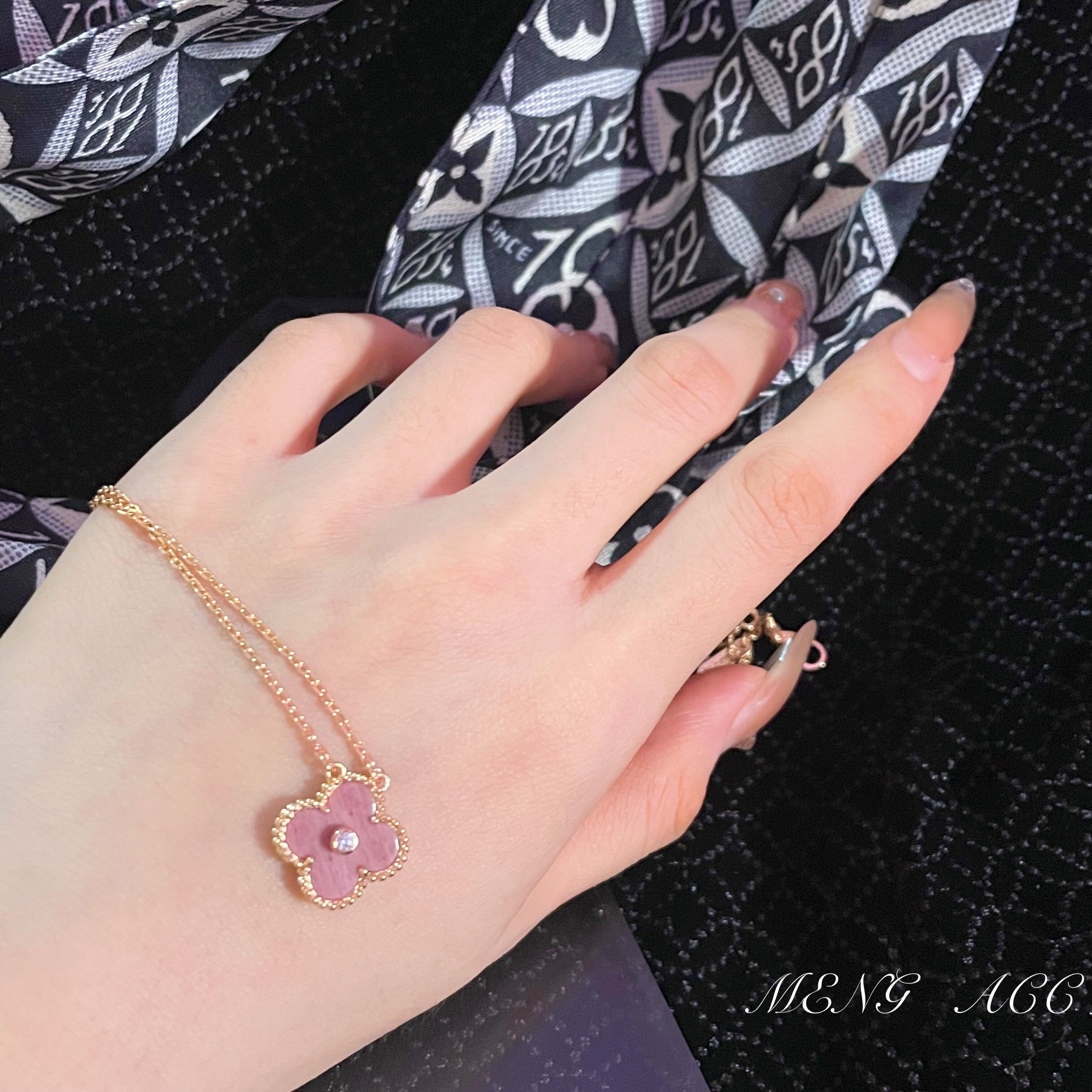 meng桃花新款圣诞限定蔷薇辉石粉色幸运草四叶草项链