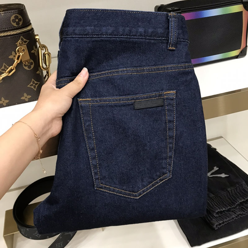 百搭款重工水洗不掉色变形丹宁面料深蓝色高端男士修身直筒牛仔裤