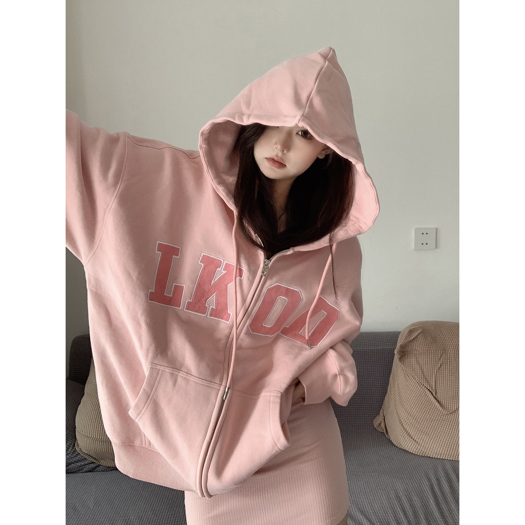 LKSTORE LKOD2022春季新款情侣麂皮休闲拉链帽衫外套薄款卫衣帽衫