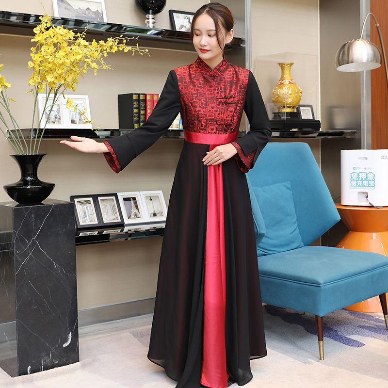莱依旗袍礼仪服迎宾服装女红色颁奖礼服长款长袖定制印字刺绣logo