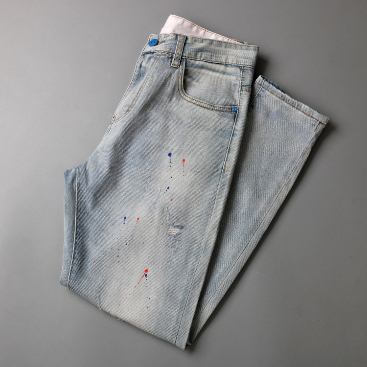 外贸尾单男士春季破洞水洗牛仔裤男潮流修身小脚浅色九分休闲裤子