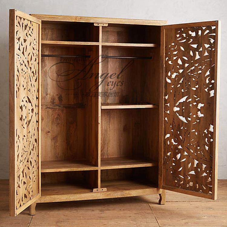 衣柜实木雕花美式法式复古做旧大衣镂空衣柜