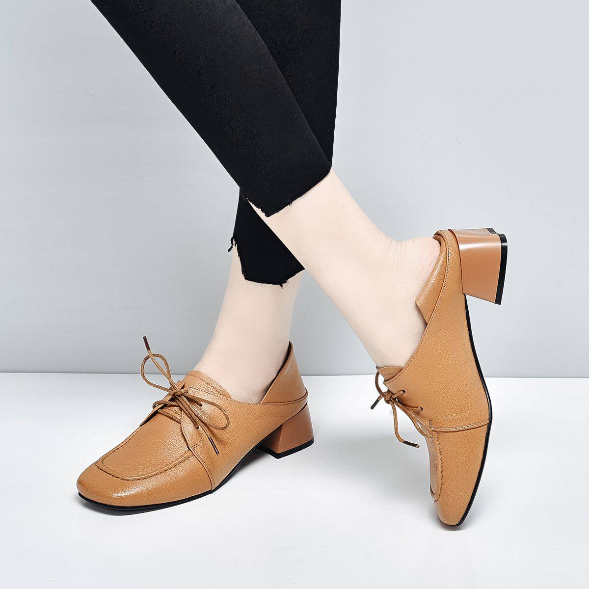 艾薇儿鞋业2021新款真皮羊皮单鞋女鞋中跟粗跟单鞋