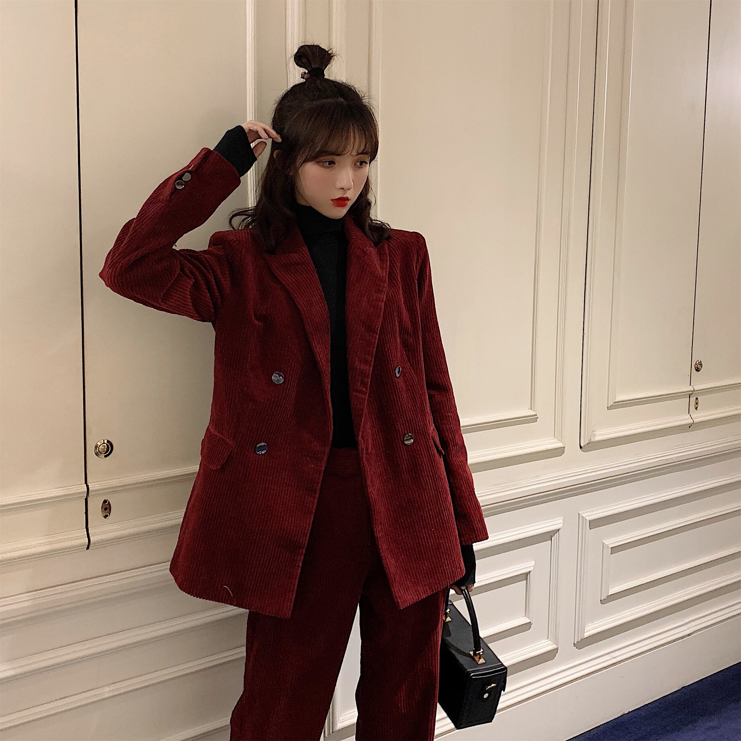 红色灯芯绒西装套装2021春秋新款韩版名媛气质西装