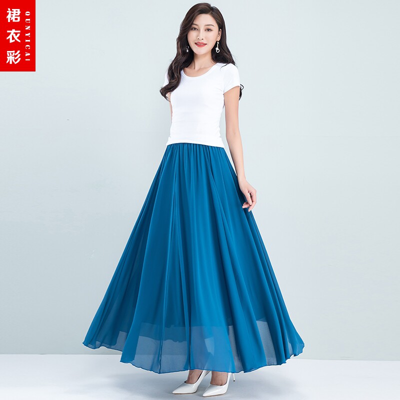 2022年夏新款雪纺半身裙女纯色长裙湖蓝色收腰长款大摆裙跳舞裙子