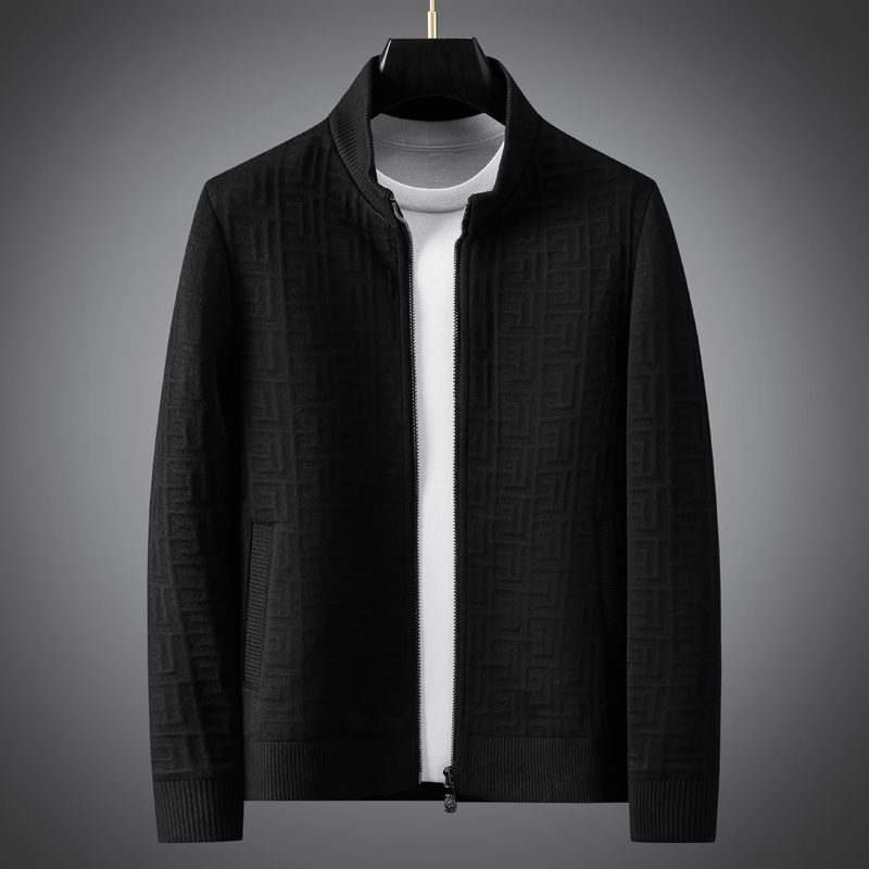 秋冬新款时髦高端针织立领夹克男士舒适厚实修身商务休闲开衫外套