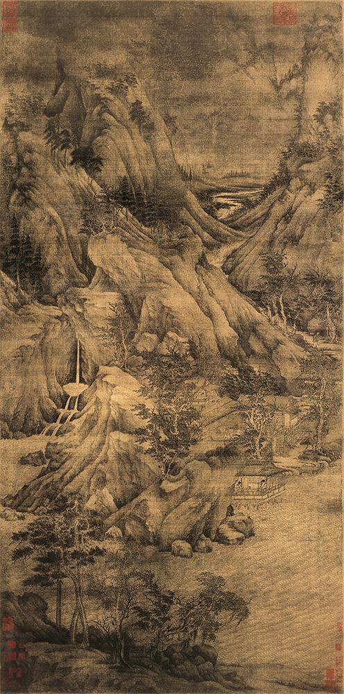五代董源溪岸国画山水风景画宣纸绢布布古画艺术国画