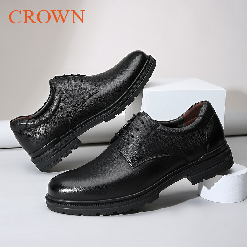 crown皇冠皮鞋男秋季商务正装真皮休闲鞋男士软底圆头软皮男鞋子