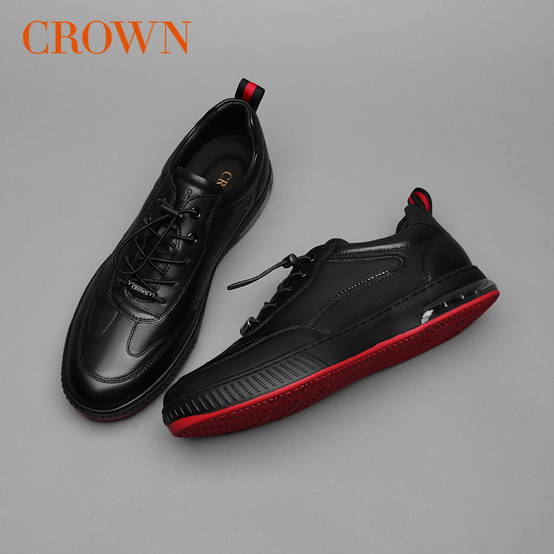 crown皇冠2020年新款松紧带真皮男鞋休闲舒适气垫时尚休闲鞋