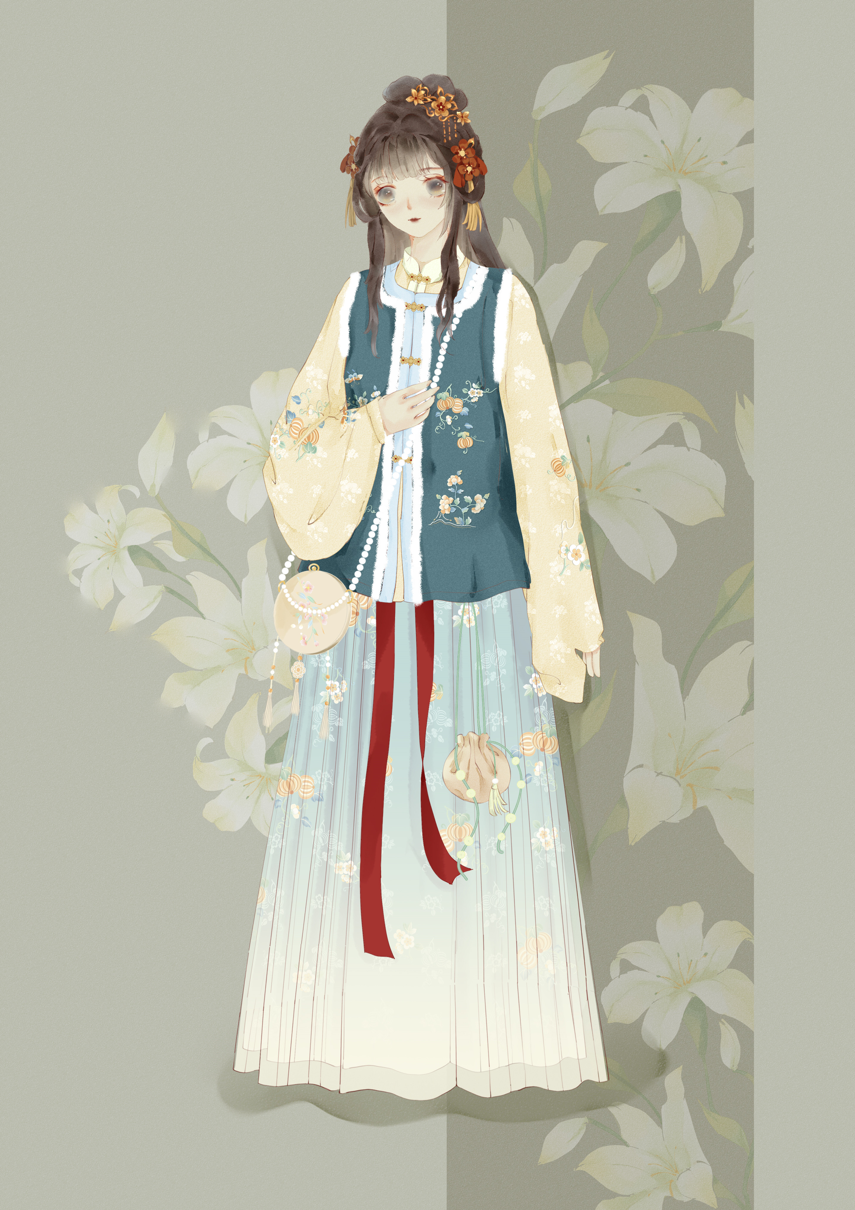 花仙比甲袄裙汉服对襟刺绣原创方领短毛绒明制汉服