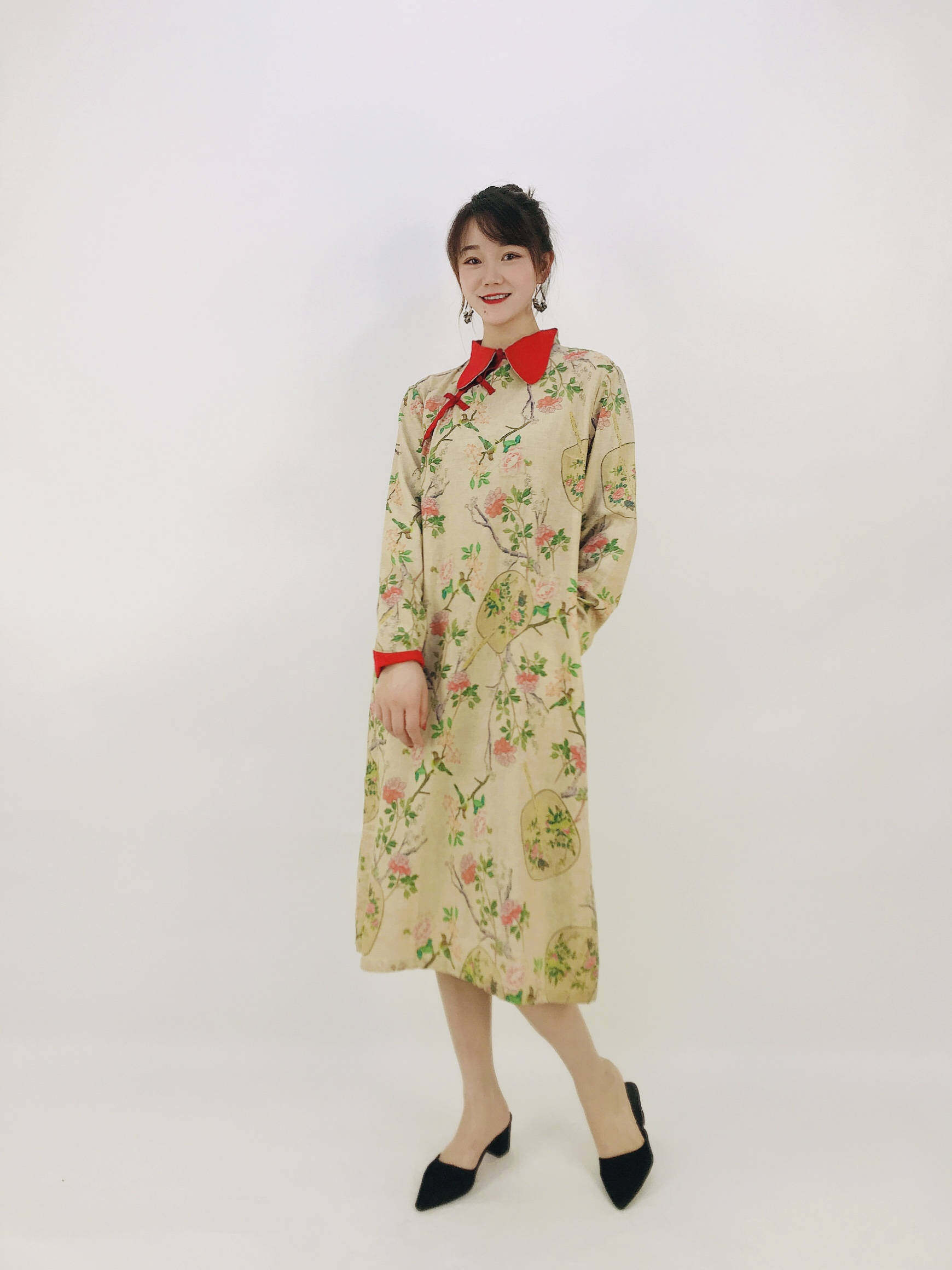 烟霞绸艺2021春秋新款立领改良长袖连衣裙内搭吊带连衣裙