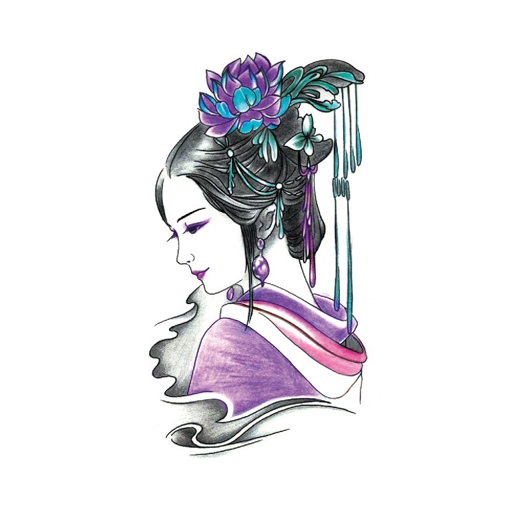彩色艺妓古典美女人物图案防水纹身贴纸花臂半臂水转印仿真刺青贴
