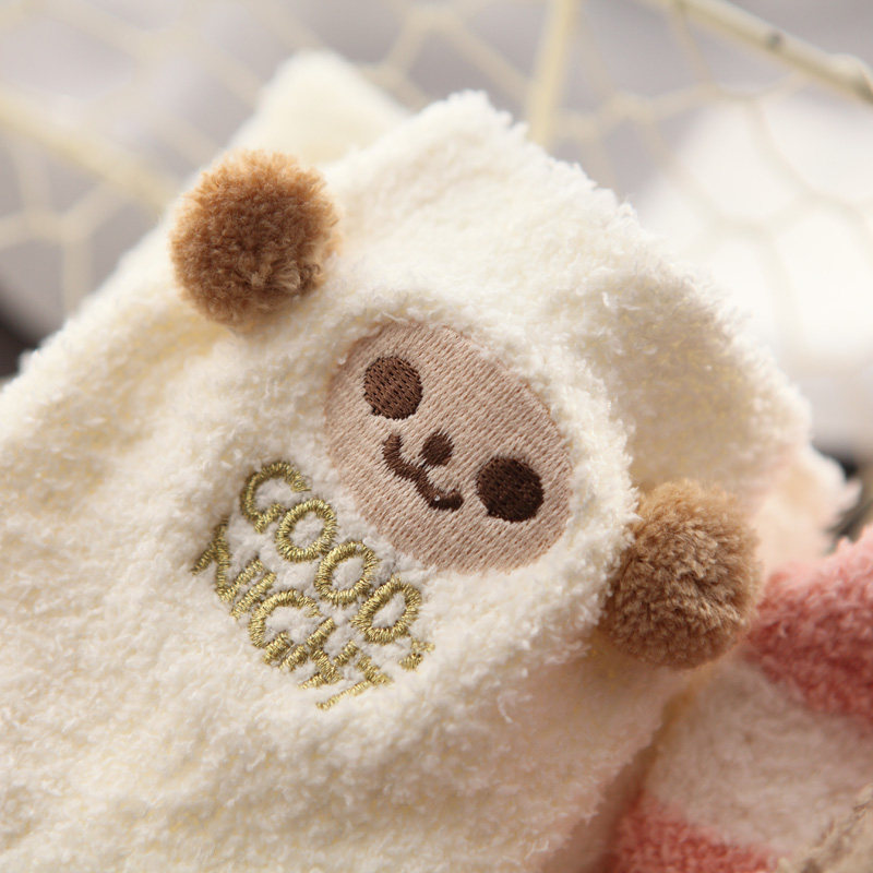 日系女士软绵绵长筒袜过膝睡眠可爱熊半边保暖长筒袜