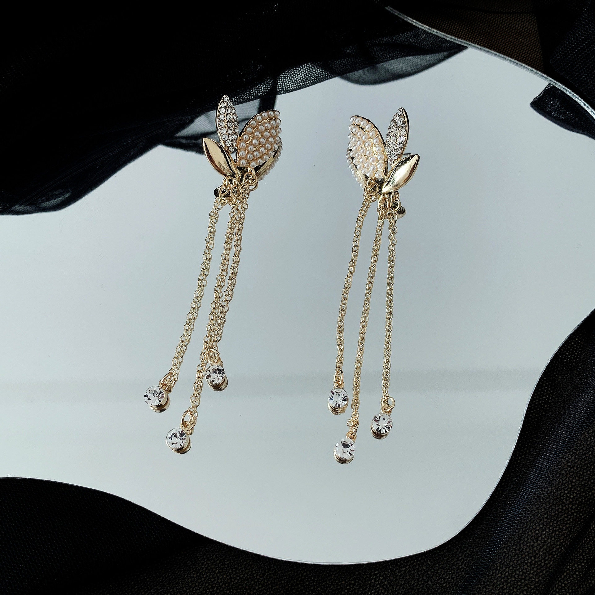 s925银针蝴蝶耳环2021年新款潮长款珍珠流苏耳钉耳环