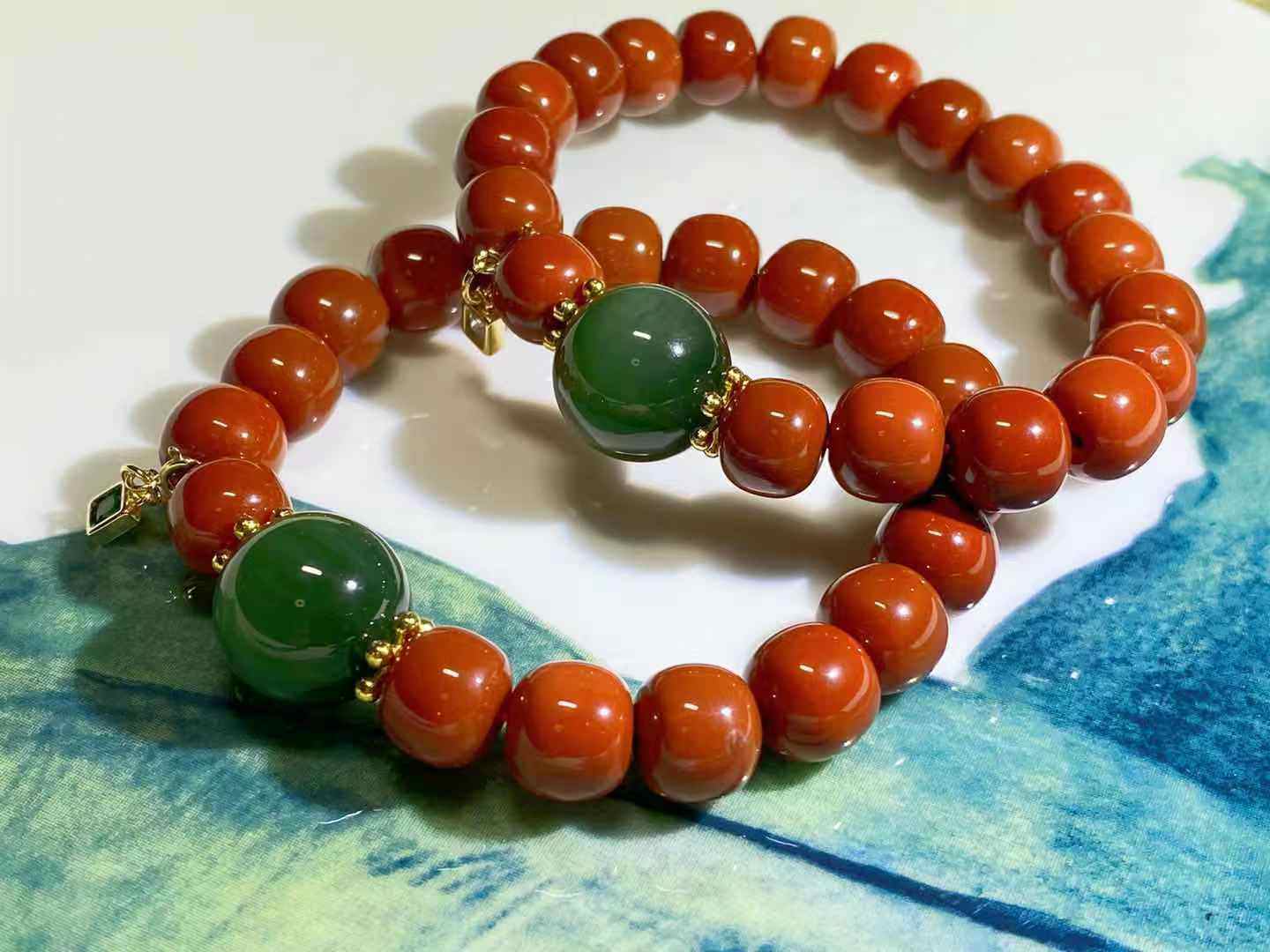 南红碧玉一抹醉人红川猫眼玉竹足金配饰24k手饰