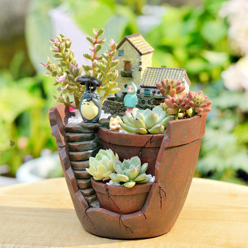趣玩园艺创意空中花园多肉花盆趣味田园场景大花盆带多肉植物组合