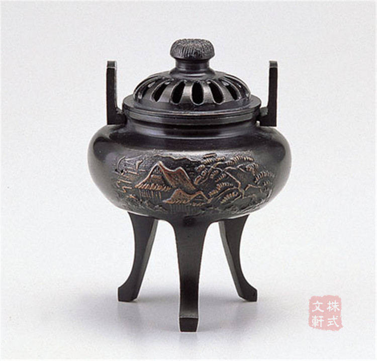 香炉日本代购高冈铜器菊盖山水古手色香薰檀香摆件香薰炉
