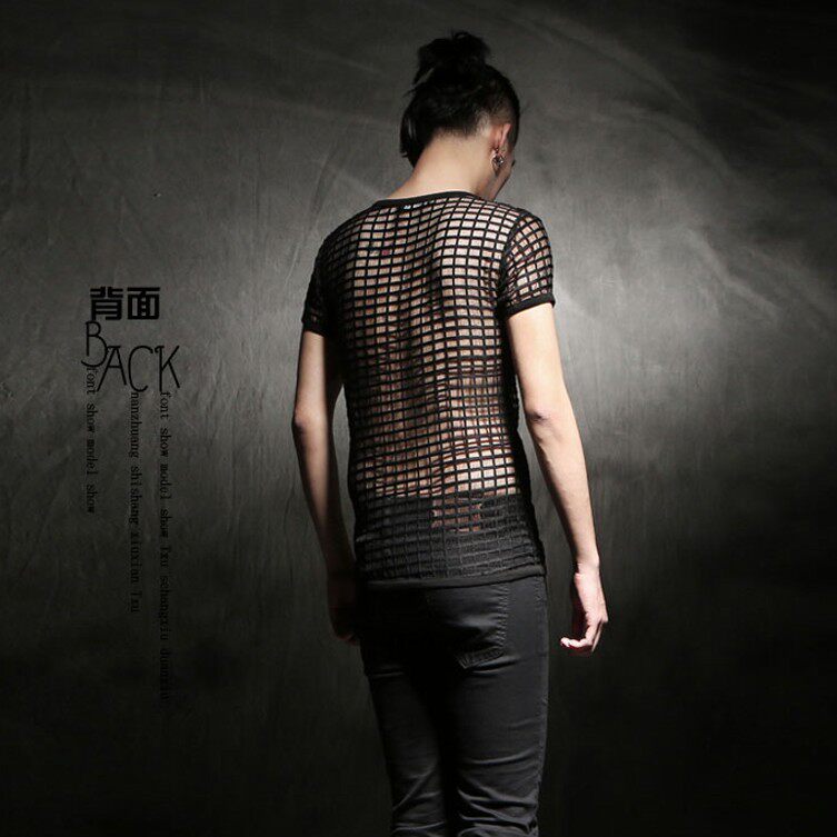 短袖夜店情趣时尚男装潮男衣服韩版透视渔网t恤