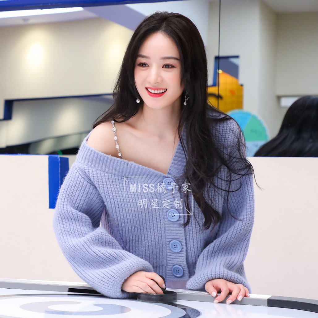 拜托冰箱赵丽颖同款紫色毛衣领针针织衫短款露肩毛针织衫