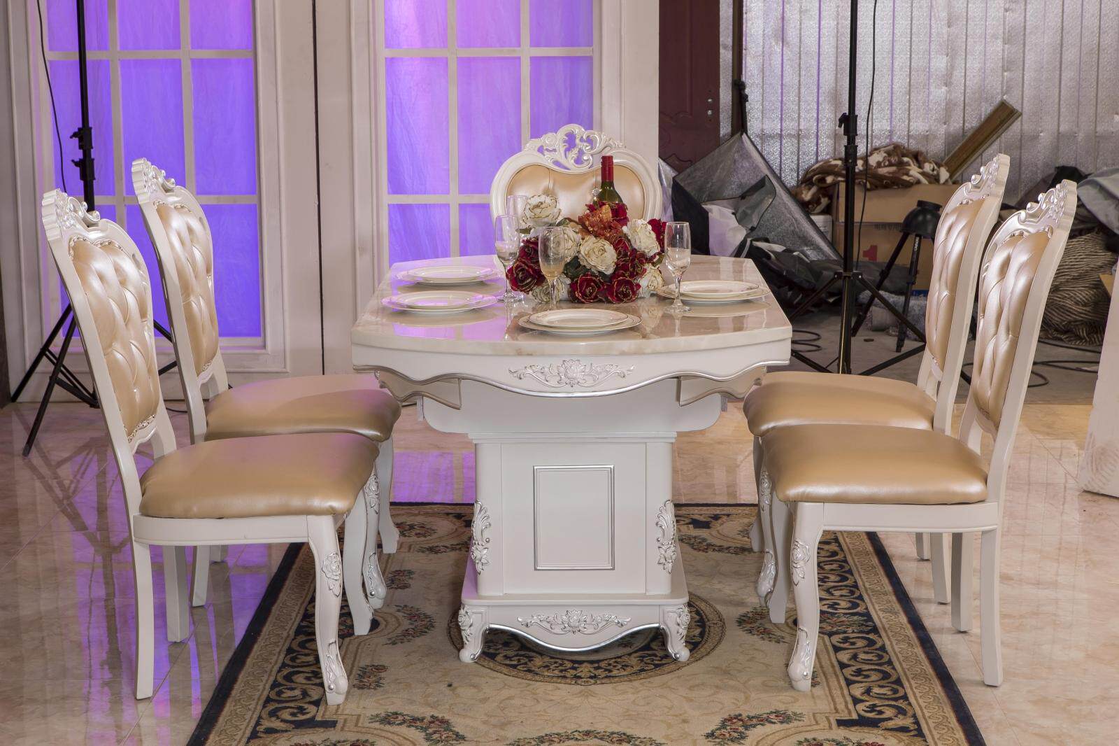 欧式香槟金色定制大理石实木餐桌折叠伸缩餐台餐桌