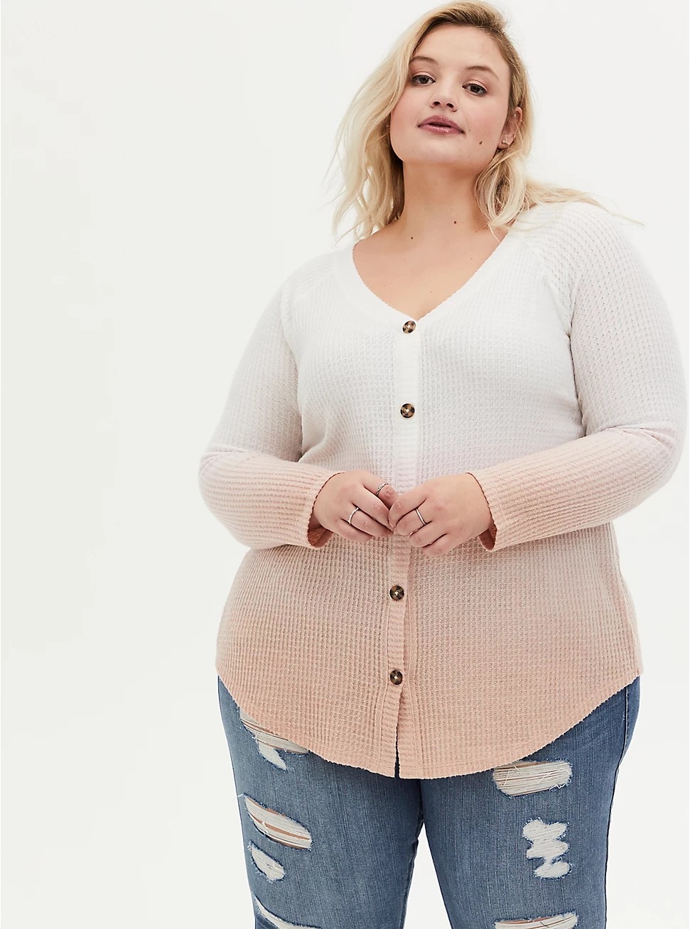 大淘人折扣商城 女装 1992 秋装胖mm特大码华夫格针织扣子上衣200 300