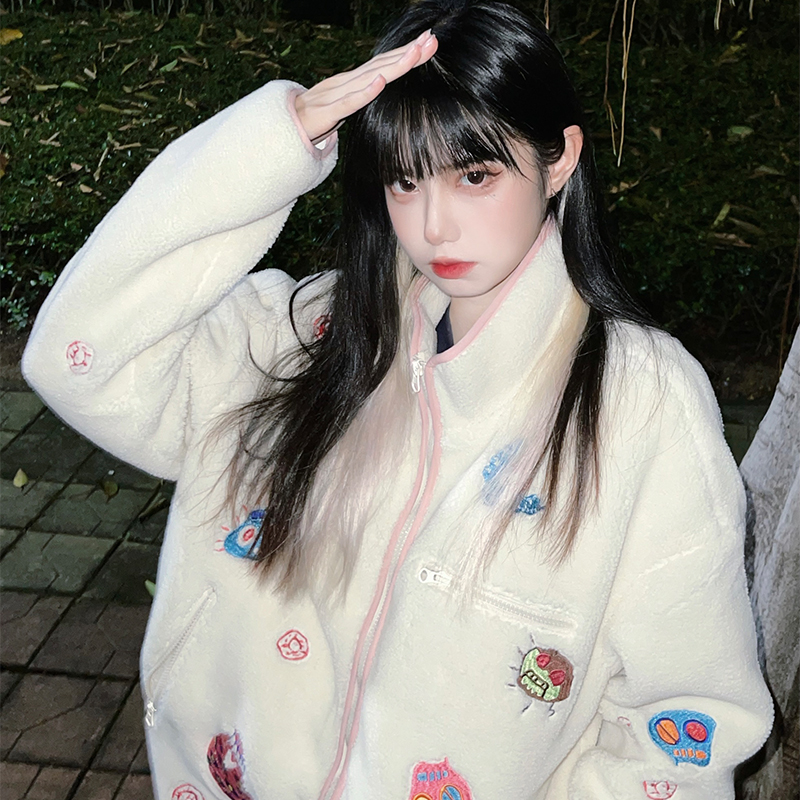 MRGS原创正品阿达娃同款刺绣摇粒绒冬棉衣羊羔毛立领外套情侣女男