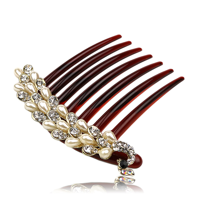 盘发日韩珍珠镶钻金凤凰七齿插梳发梳发插梳发饰发饰