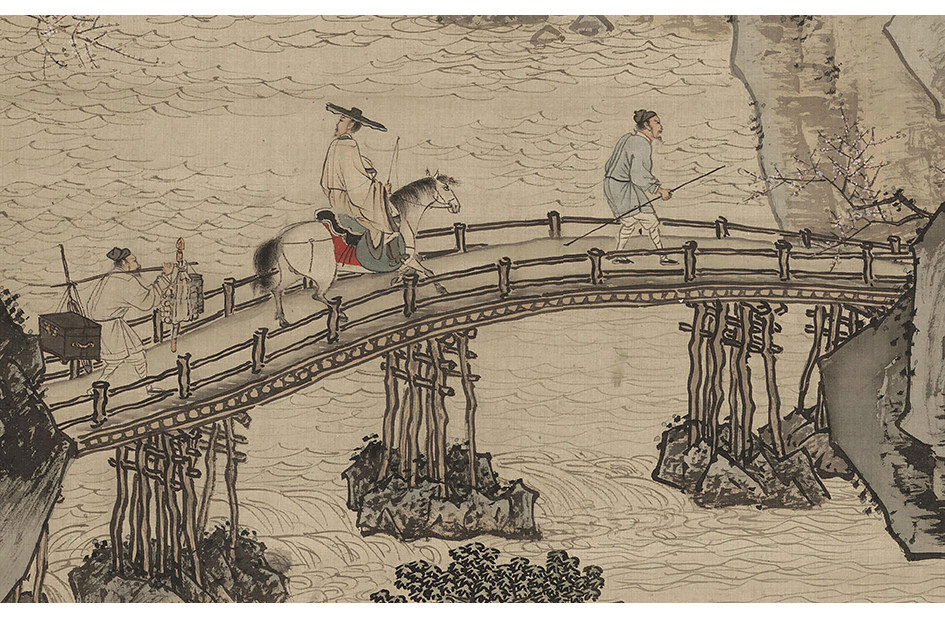 周臣春山游骑古代名家山水人物画立轴高清复制国画